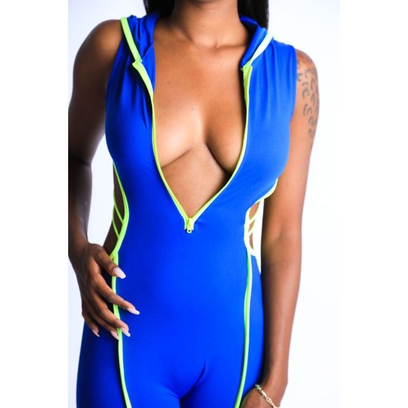 Women's Sleeveless Semi Zip-Up Spaghetti Line Hoodie Romper S M L Royal - Picture 2 of 11